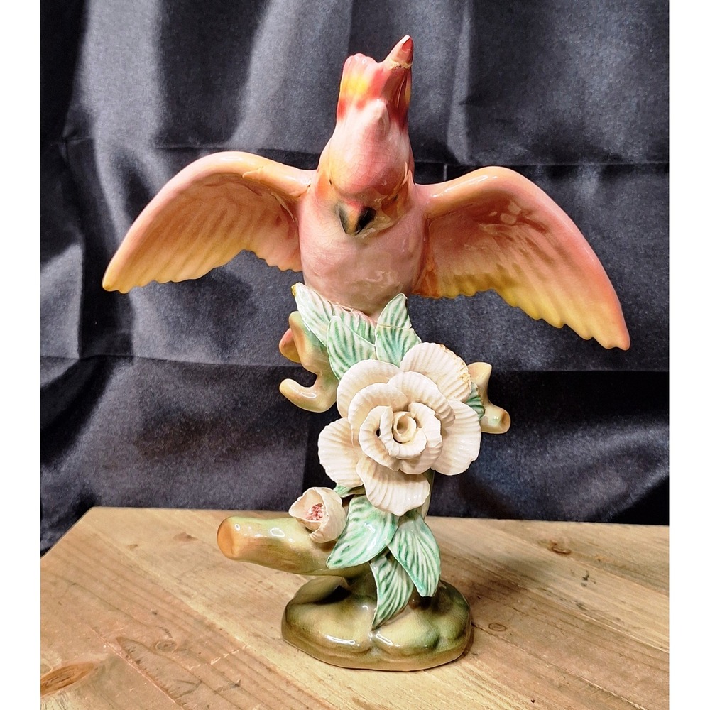 Vintage Ceramic Pink Cockatoo Bird Figurine with White Rose Flower Glossy 8in